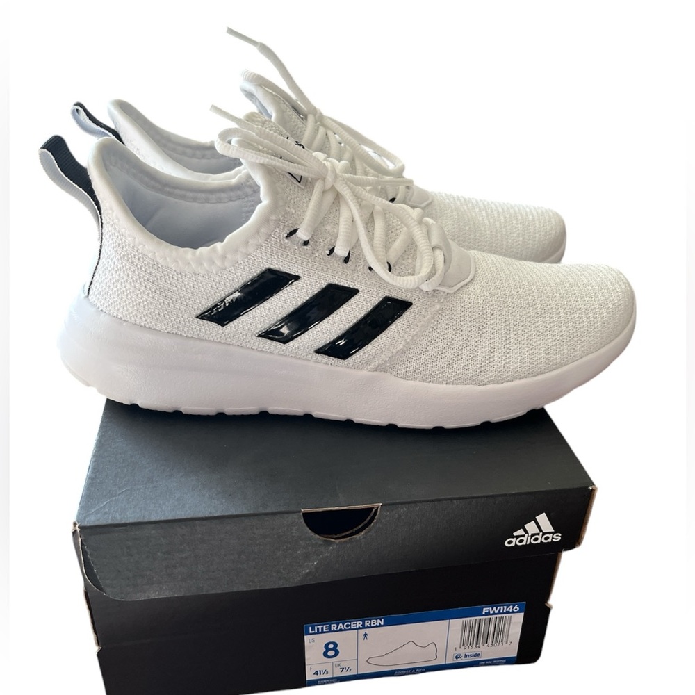 Mens Adidas lite racer rbn shoes white with black strips 8